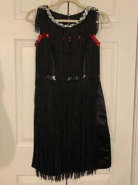 Black Flapper Fringe Cocktail Dress with Red Sequin Accents Beautifull !